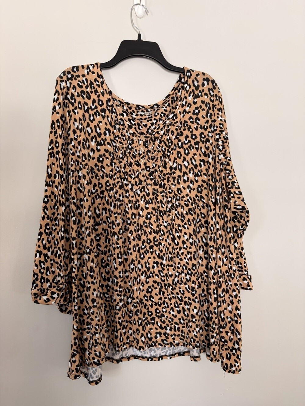 Kim Rogers Curvy Womens 3X Leopard Cheetah Print Smocked Gold Button Blouse